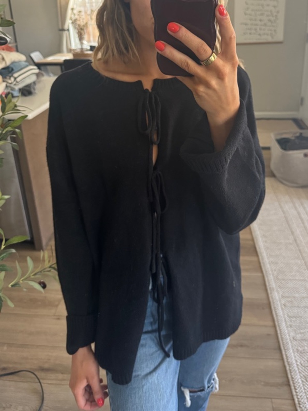 Black Tie-Front Knit Sweater - Women's